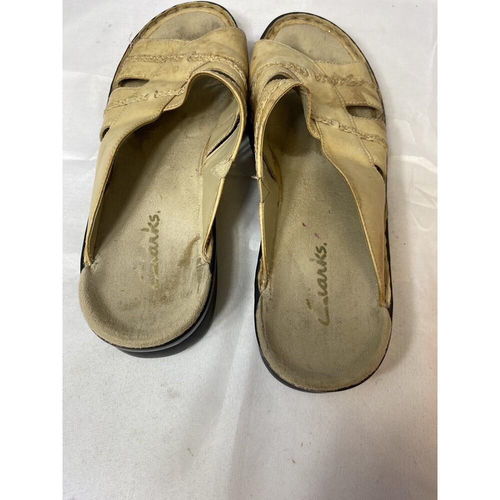 Clarks Light Brown Strappy Leather Slip On Sandals Size 10 Open Toe - Picture 5 of 9